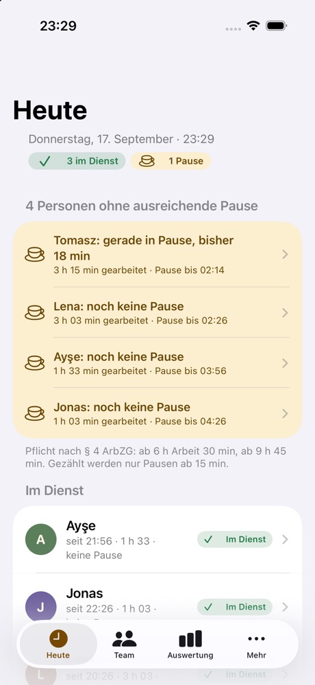 Heute: drei im Dienst, eine Pause, Liste der Personen ohne ausreichende Pause