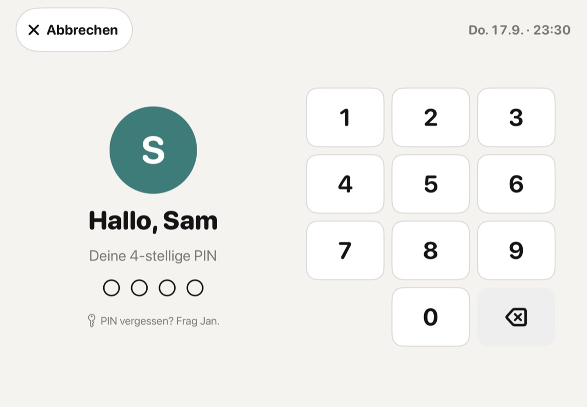 PIN-Eingabe: Hallo, Sam. Deine 4-stellige PIN